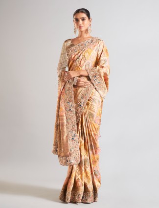 Elegant yellow silk printed saree