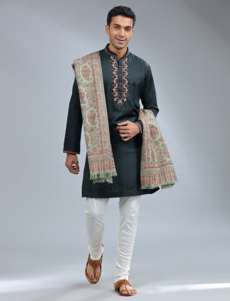 Bottle green cotton silk kurta pajama with dupatta