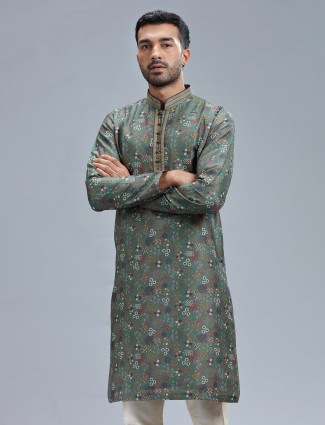 Dark olive printed silk festive kurta pajama for men