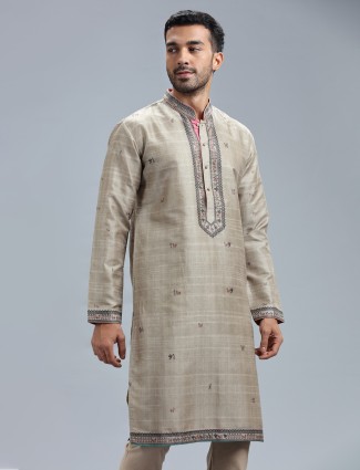 Khakhi printed cotton festive silk kurta pajama for men
