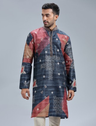 Navy blue cotton silk printed festive kurta suit for men