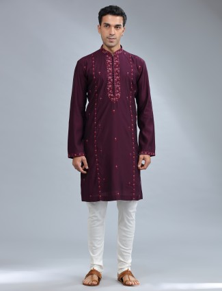 Wine cotton silk kurta pajama for men