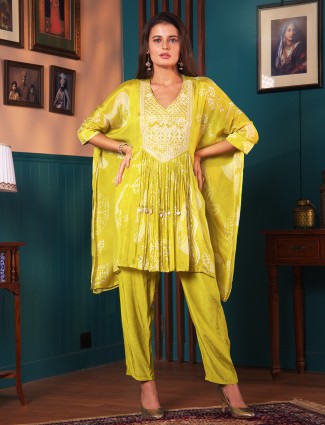 Lemon yellow silk floral printed co ord set