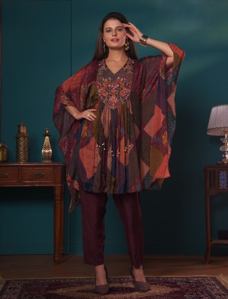 Trendy silk printed wine co ord set