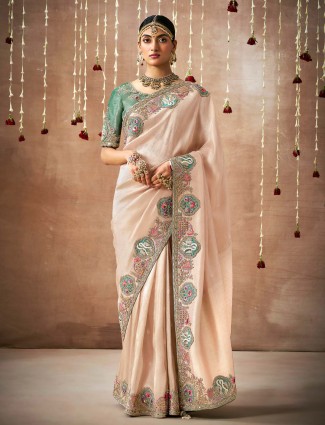 Peach dola silk saree for wedding