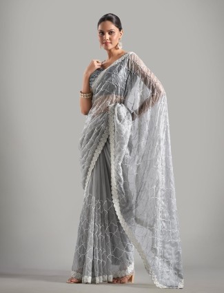 Beautiful grey saree in tissue silk