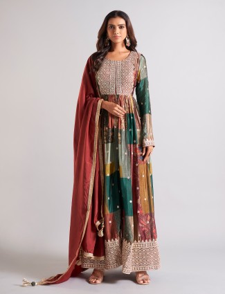 Elegant brown printed silk salwar suit