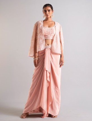Prussian peach satin indowestern