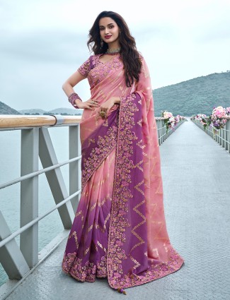 Graceful purple cozi silk saree with artistic prints and thread embroidery