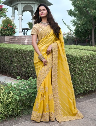 Yellow  saree for wedding in tissue silk
