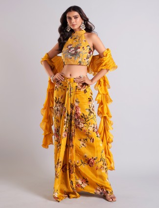 Mustard yellow silk indowestern suit