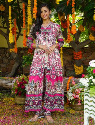 Trendy cream and magenta silk kurti set