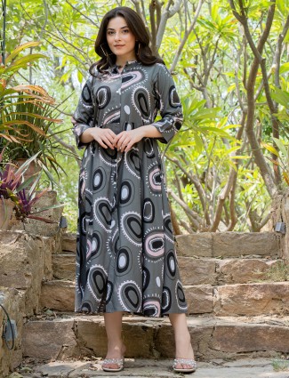 Latest dark grey printed silk kurti
