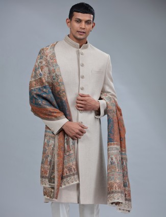Cream lucknowi georgette sherwani wedding set with dupatta