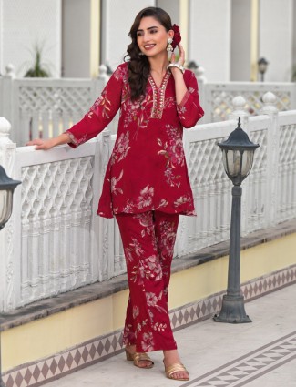 Beautiful maroon printed silk kurti set
