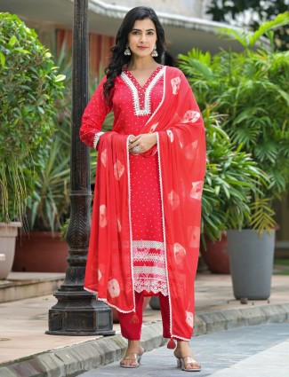 Awesome red silk printed kurti set for festive