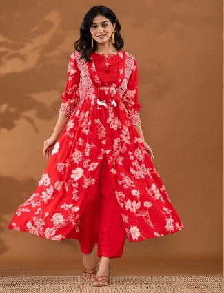 Awesome red printed silk kurti set