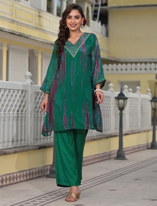 Stunning green printed silk kurti set