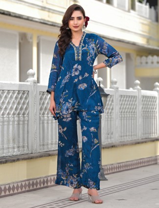 Stunning blue printed silk kurti set 
