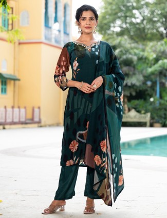 Awesome bottle green silk printed kurti set