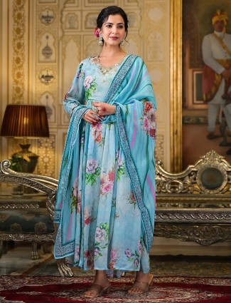 Stunning beautiful sky blue printed kurti set