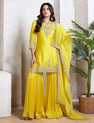 Silk yellow sharara salwar suit