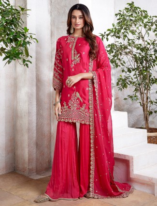 Royal blue silk printed wedding sharara suit