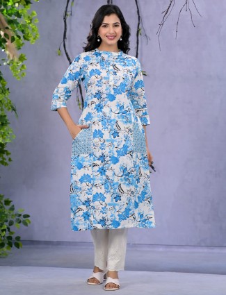 Stunning aqua printed cotton kurti set