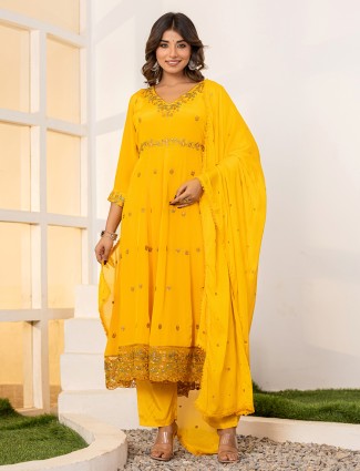 Georgette mustard yellow kurti set with dupatta