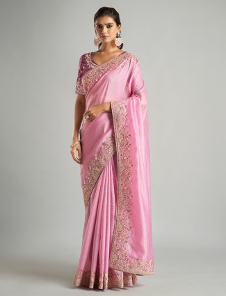 Pretty pink tissue silk saree for wedding
