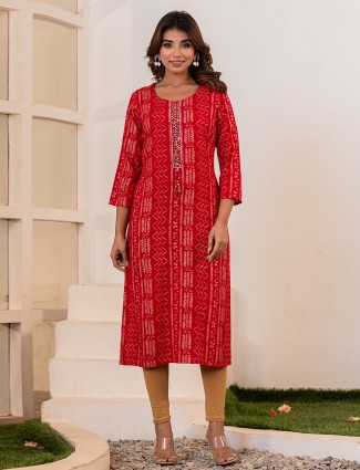 Trendy maroon silk printed casual kurti