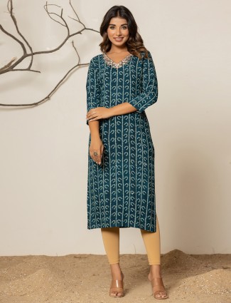Leaf printed rama blue kurti