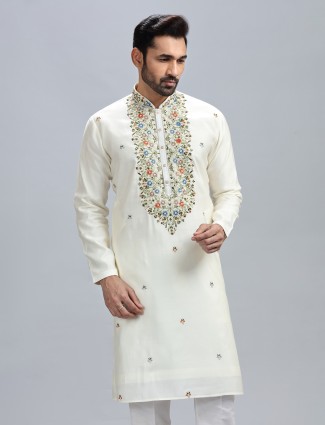 Classic off white cotton silk kurta set for men
