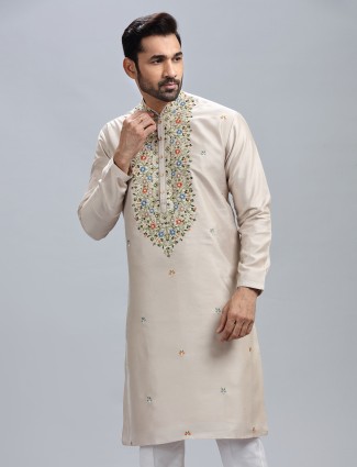 Cream cotton silk festive style kurta suit for men