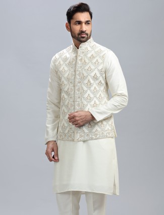Newest off white silk waistcoat set for men