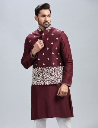Wine silk embroidered waistcoat set for men