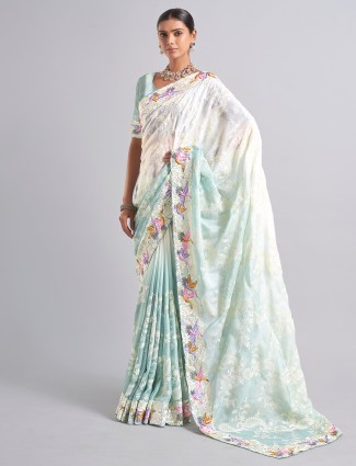 Elegant white and mint blue saree
