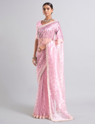 Latest pink tissue silk saree for receptions