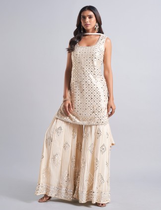 Stylish beige palazzo salwar suit in georgette