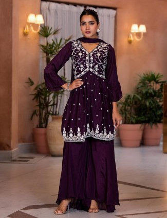 Dark purple chiffon palazzo salwar suit