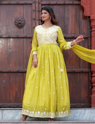 Lemon yellow chiffon embroidery anarkali suit