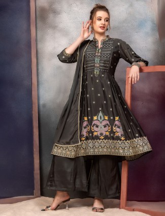 Black silk embroidery palazzo salwar suit