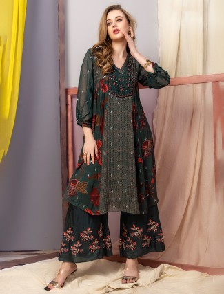 Green printed georgette palazzo salwar suit