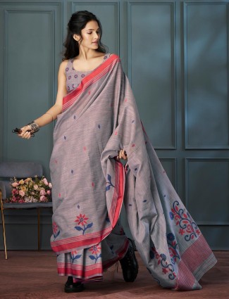 Grey linen saree with contrast border