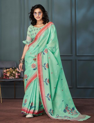 Mint green linen thread weaving saree