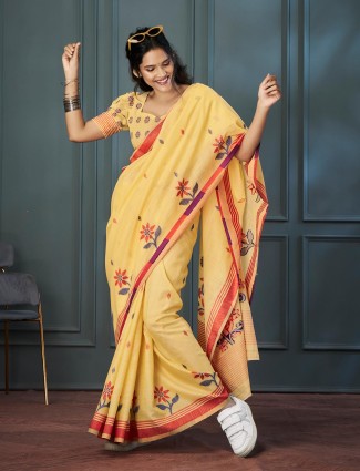 Mustard yellow linen saree with contrast border