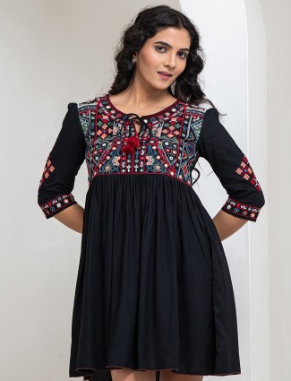 Trendy black cotton embroidery kurti