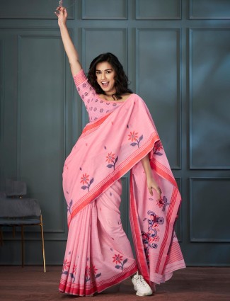 Trendy pink linen saree