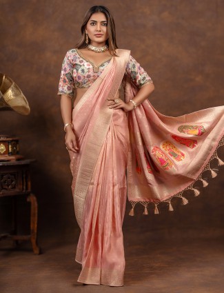 Stunning peach dola silk saree