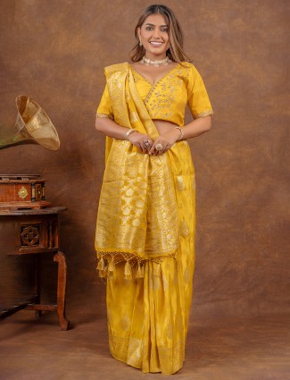 Trendy mustard yellow tissue silk saree